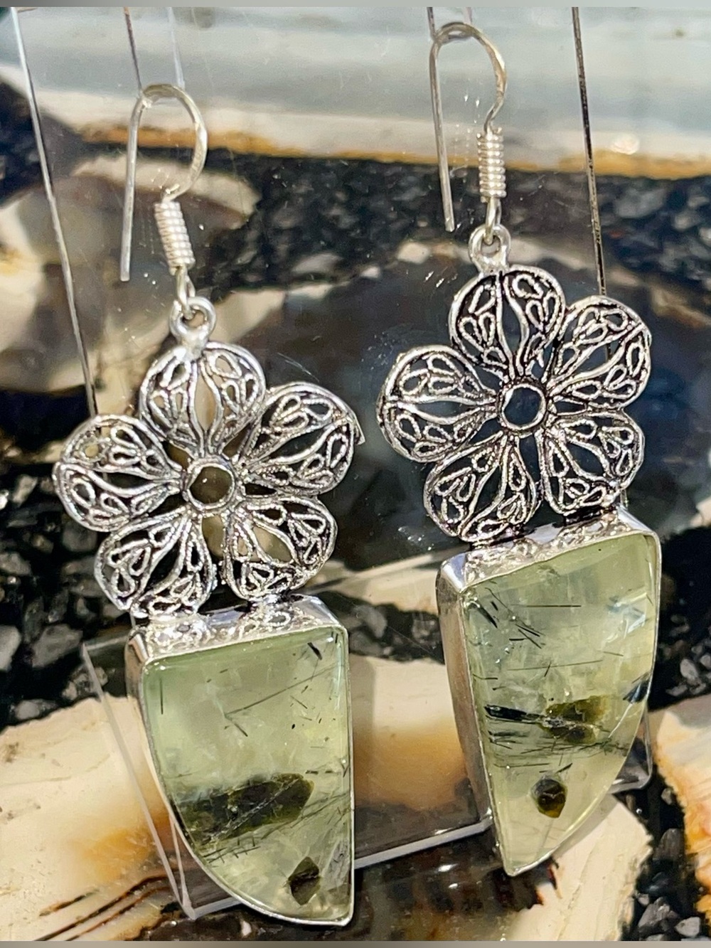 Lightweight “Stone of Dreams” Prehnite Crystal  Earrings 3”